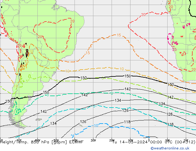 Height/Temp. 850 hPa ECMWF Út 14.05.2024 00 UTC