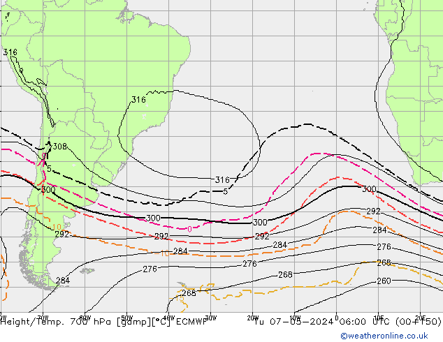 Height/Temp. 700 hPa ECMWF Út 07.05.2024 06 UTC