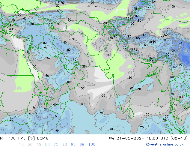 RH 700 hPa ECMWF Qua 01.05.2024 18 UTC