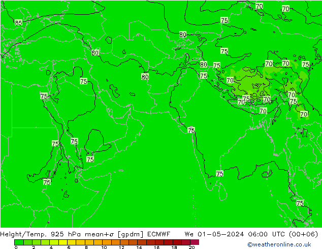 Height/Temp. 925 hPa ECMWF We 01.05.2024 06 UTC