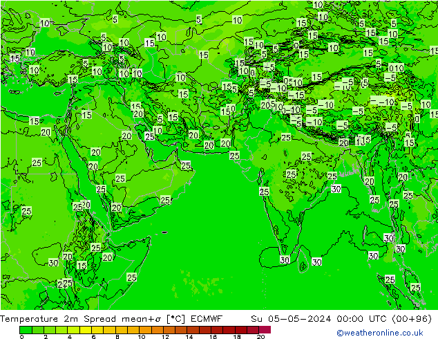 Temperature 2m Spread ECMWF Ne 05.05.2024 00 UTC