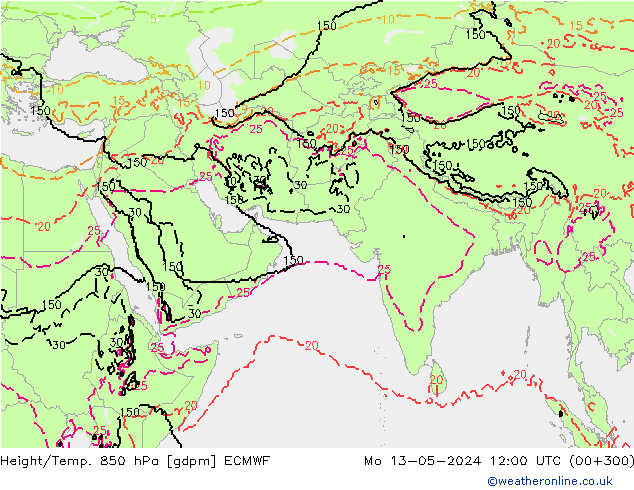 Yükseklik/Sıc. 850 hPa ECMWF Pzt 13.05.2024 12 UTC