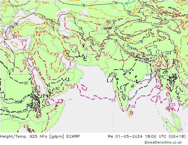 Height/Temp. 925 hPa ECMWF We 01.05.2024 18 UTC