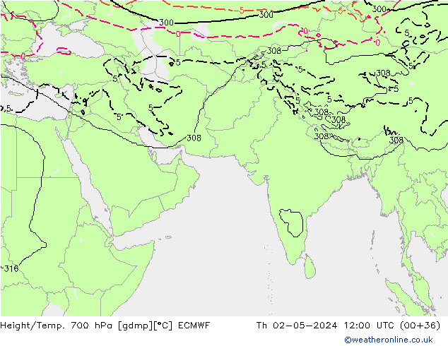 Height/Temp. 700 hPa ECMWF Th 02.05.2024 12 UTC