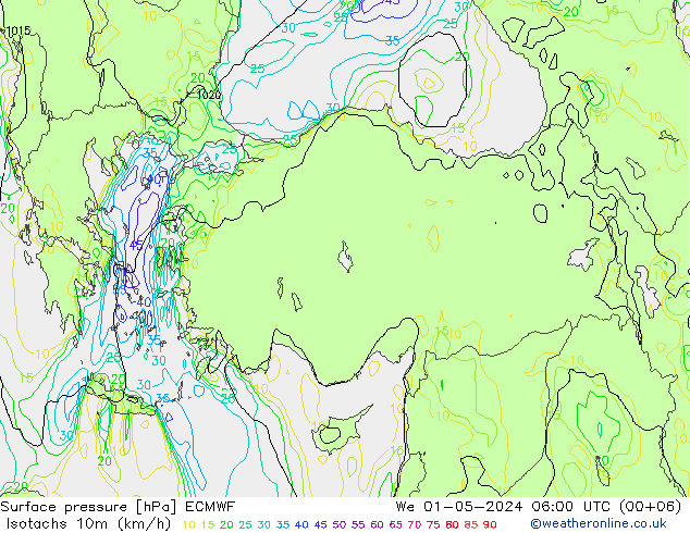 Isotachs (kph) ECMWF mer 01.05.2024 06 UTC