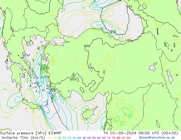 Isotachs (kph) ECMWF Qui 02.05.2024 06 UTC