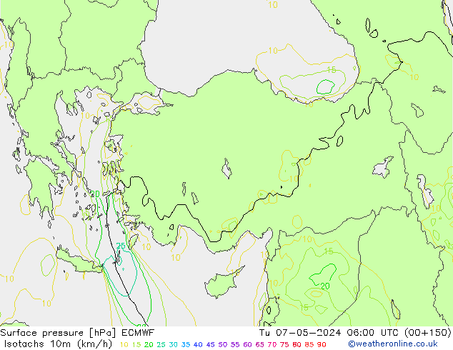 Isotachs (kph) ECMWF Ter 07.05.2024 06 UTC