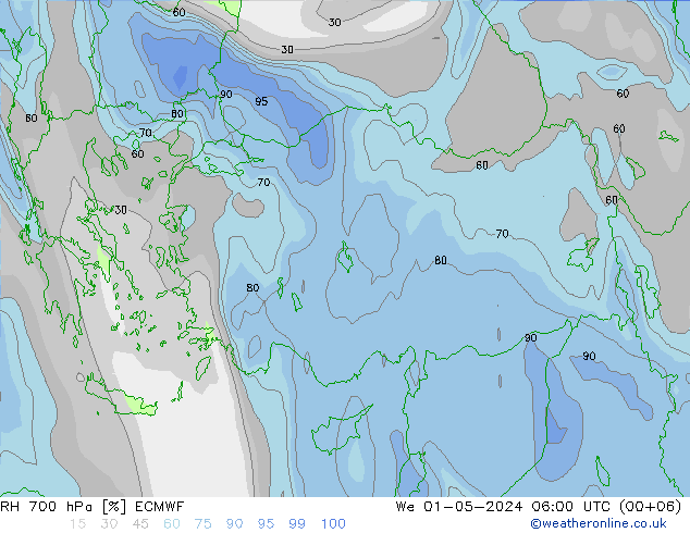 RH 700 hPa ECMWF mer 01.05.2024 06 UTC