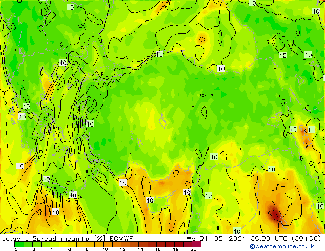 Eşrüzgar Hızları Spread ECMWF Çar 01.05.2024 06 UTC