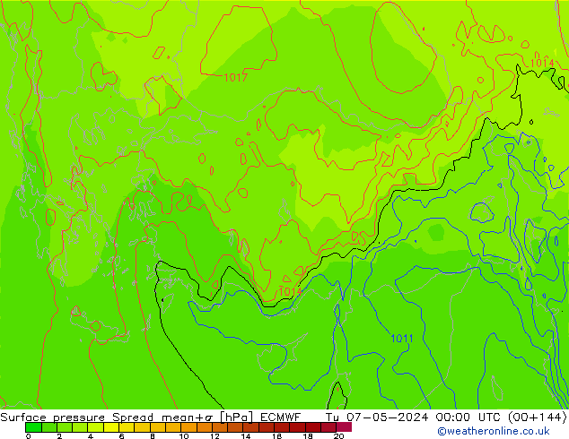 Surface pressure Spread ECMWF Tu 07.05.2024 00 UTC