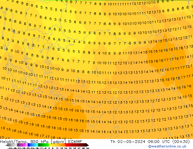 Height/Temp. 850 hPa ECMWF Th 02.05.2024 06 UTC