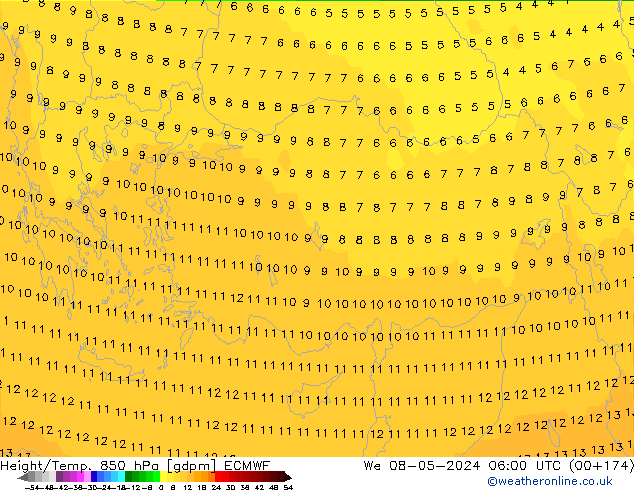 Yükseklik/Sıc. 850 hPa ECMWF Çar 08.05.2024 06 UTC