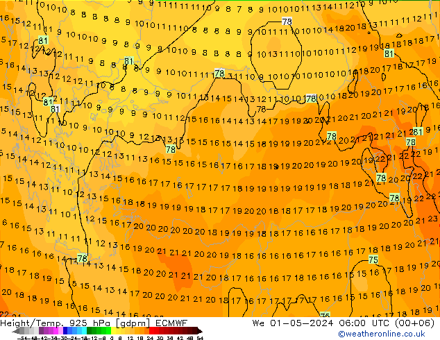 Yükseklik/Sıc. 925 hPa ECMWF Çar 01.05.2024 06 UTC