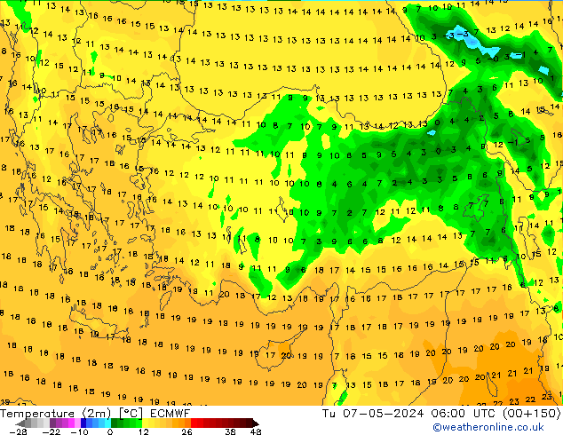 Temperatuurkaart (2m) ECMWF di 07.05.2024 06 UTC