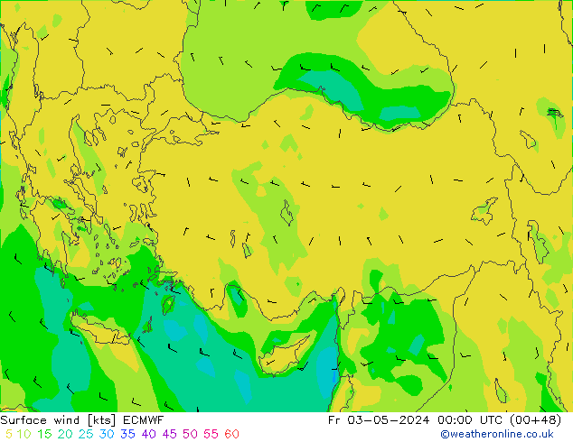 Viento 10 m ECMWF vie 03.05.2024 00 UTC