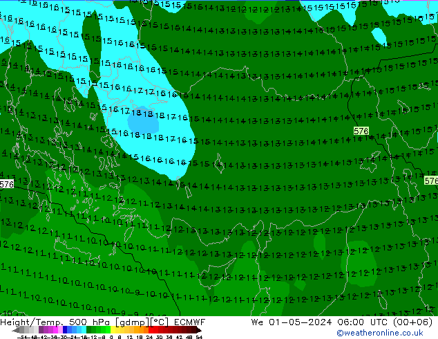 Height/Temp. 500 hPa ECMWF śro. 01.05.2024 06 UTC