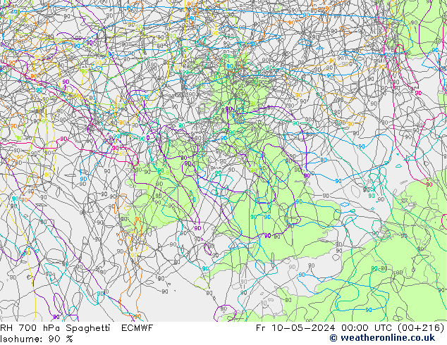 RH 700 hPa Spaghetti ECMWF  10.05.2024 00 UTC