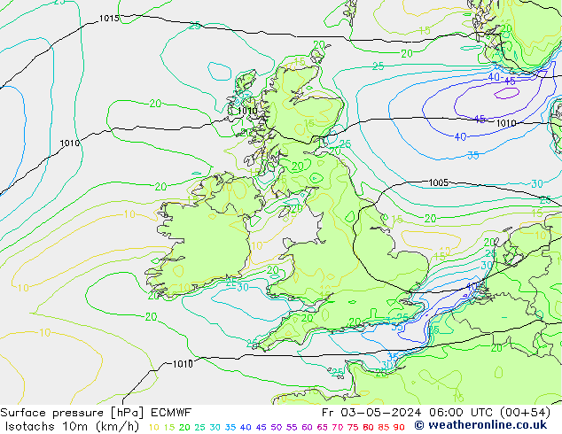 Isotachs (kph) ECMWF ven 03.05.2024 06 UTC