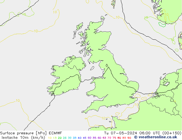 Eşrüzgar Hızları (km/sa) ECMWF Sa 07.05.2024 06 UTC