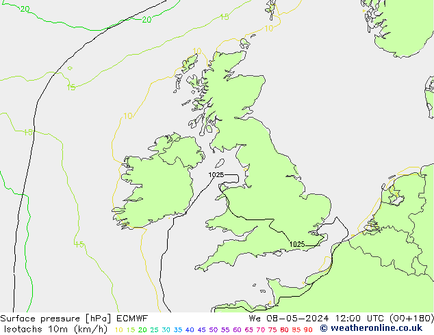 Isotachs (kph) ECMWF We 08.05.2024 12 UTC