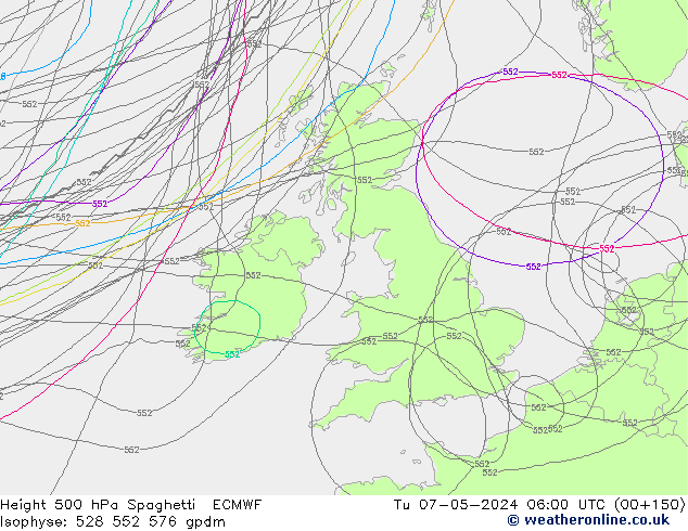 Height 500 hPa Spaghetti ECMWF  07.05.2024 06 UTC