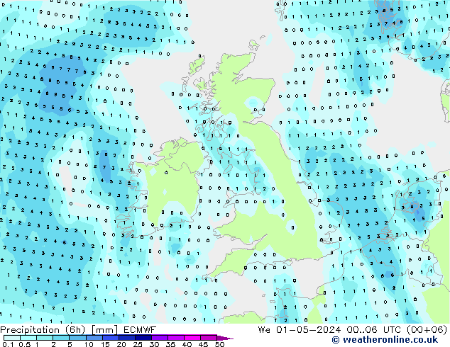 Nied. akkumuliert (6Std) ECMWF Mi 01.05.2024 06 UTC