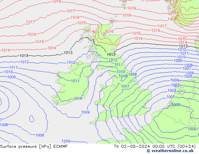 Presión superficial ECMWF jue 02.05.2024 00 UTC