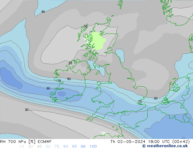 RH 700 hPa ECMWF Th 02.05.2024 18 UTC