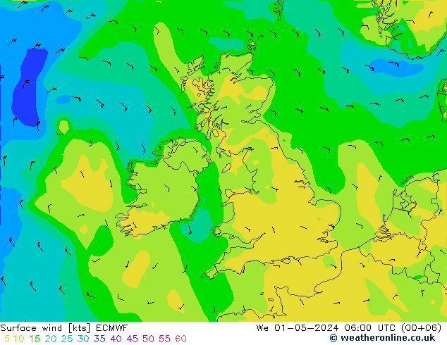 Surface wind ECMWF We 01.05.2024 06 UTC