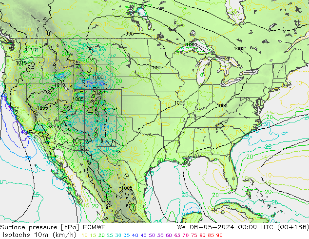 Isotachen (km/h) ECMWF wo 08.05.2024 00 UTC