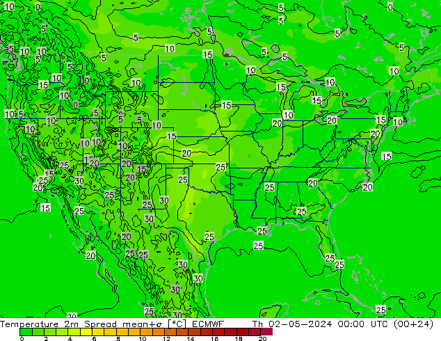 mapa temperatury 2m Spread ECMWF czw. 02.05.2024 00 UTC