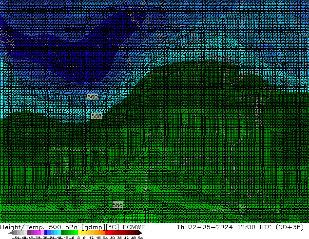 Height/Temp. 500 hPa ECMWF Th 02.05.2024 12 UTC