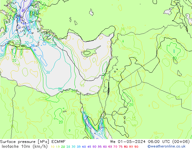 Izotacha (km/godz) ECMWF śro. 01.05.2024 06 UTC