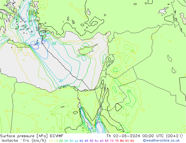 Isotachs (kph) ECMWF  02.05.2024 00 UTC