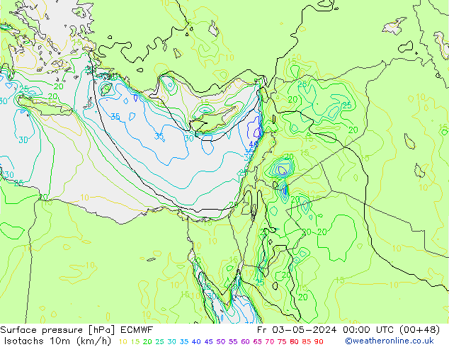 Isotachen (km/h) ECMWF vr 03.05.2024 00 UTC