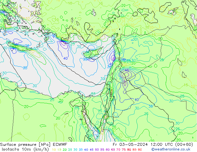 Isotachs (kph) ECMWF  03.05.2024 12 UTC