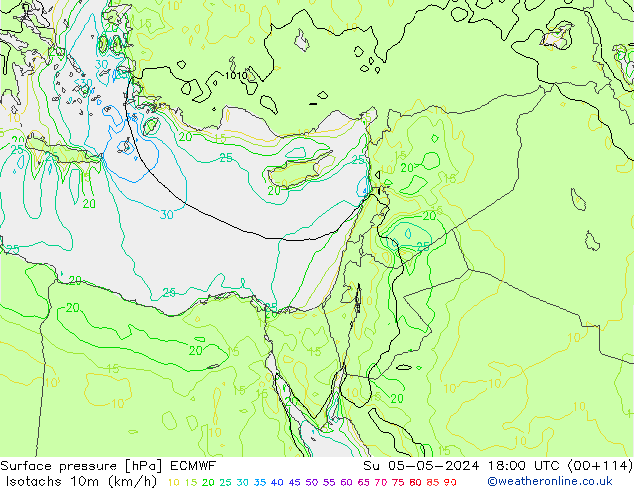 Isotachs (kph) ECMWF Вс 05.05.2024 18 UTC