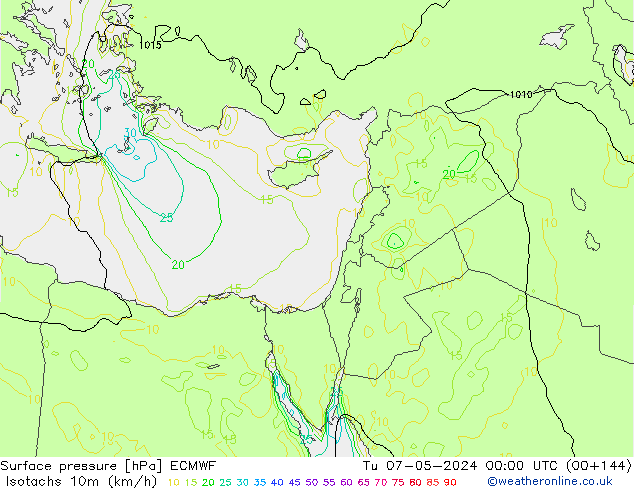 Isotachs (kph) ECMWF Tu 07.05.2024 00 UTC