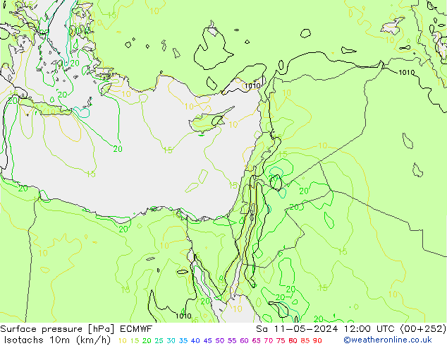 Isotachs (kph) ECMWF Sa 11.05.2024 12 UTC