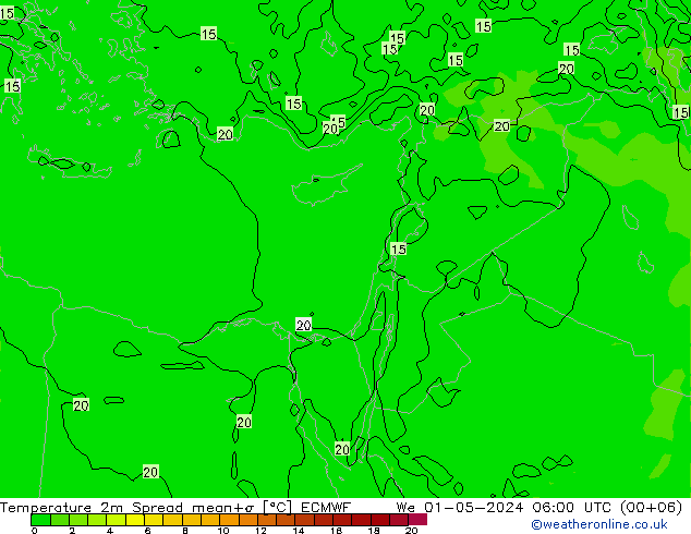 Sıcaklık Haritası 2m Spread ECMWF Çar 01.05.2024 06 UTC