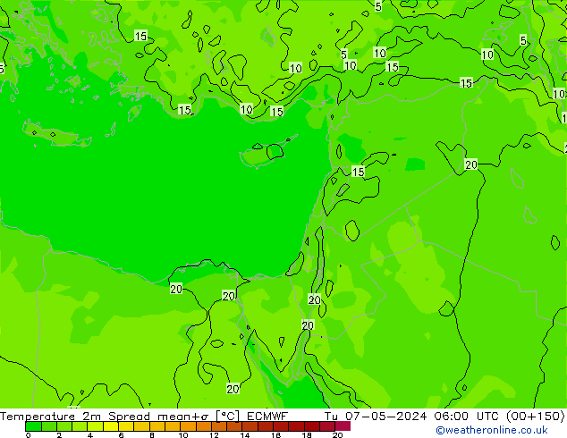 Temperature 2m Spread ECMWF Tu 07.05.2024 06 UTC