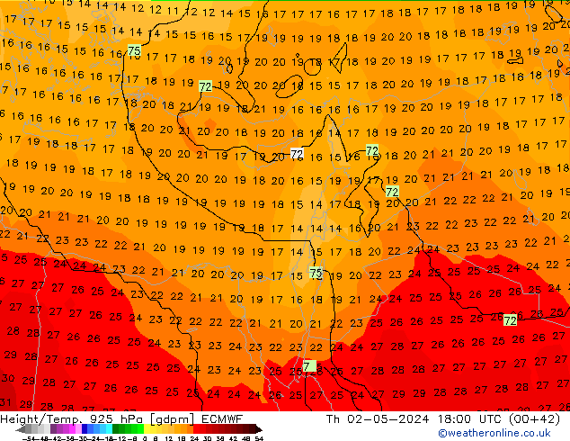 Height/Temp. 925 hPa ECMWF gio 02.05.2024 18 UTC