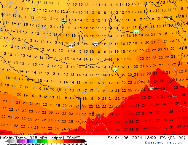 Height/Temp. 925 hPa ECMWF Sáb 04.05.2024 18 UTC