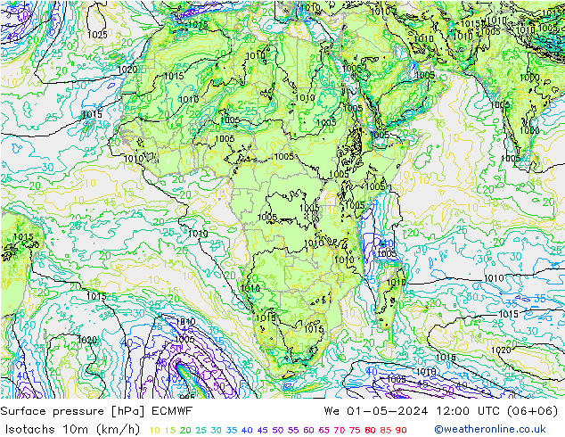 Isotachs (kph) ECMWF We 01.05.2024 12 UTC