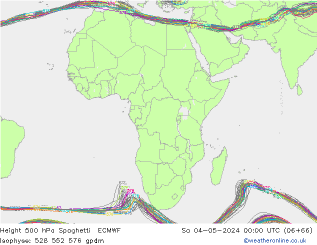 Height 500 hPa Spaghetti ECMWF Sa 04.05.2024 00 UTC