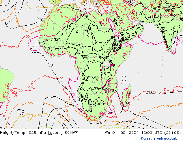 Height/Temp. 925 hPa ECMWF We 01.05.2024 12 UTC