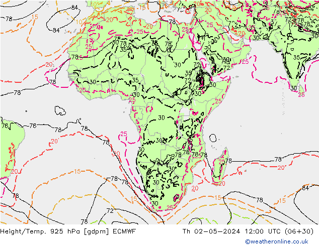 Hoogte/Temp. 925 hPa ECMWF do 02.05.2024 12 UTC