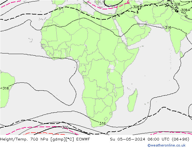 Height/Temp. 700 hPa ECMWF So 05.05.2024 06 UTC