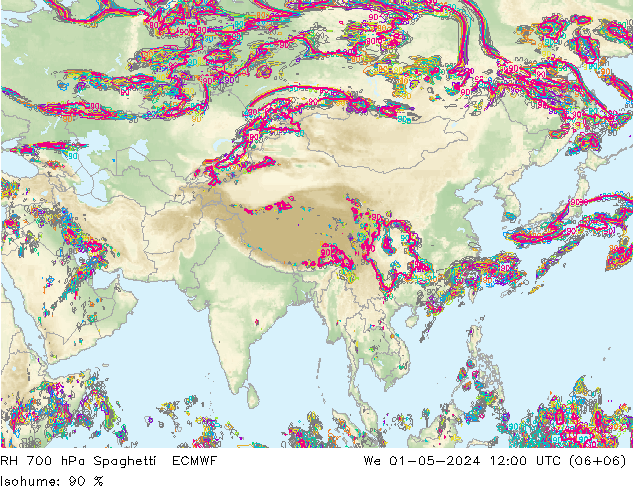 RH 700 hPa Spaghetti ECMWF mer 01.05.2024 12 UTC