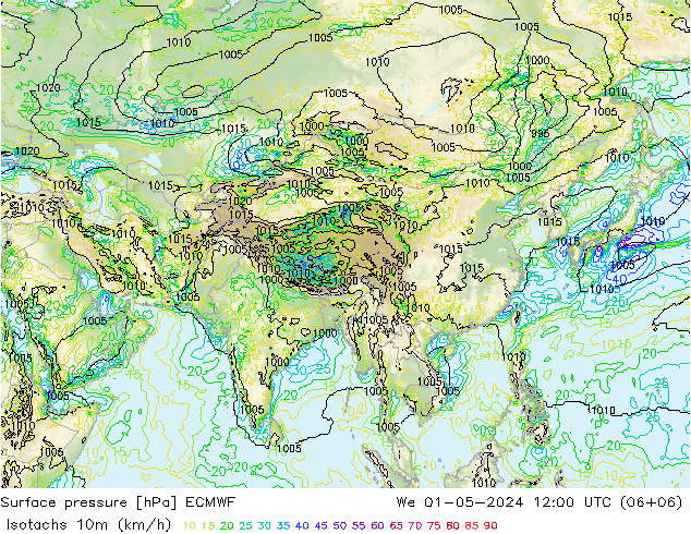 Isotachen (km/h) ECMWF wo 01.05.2024 12 UTC